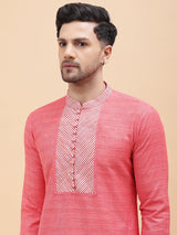 Riwaat.com Men Pink & White Coloured Silk Woven Design Straight Kurta Riwaat Silk Woven Design