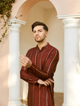 Men Maroon And Gold Chanderi Silk Sequins Kurta With Pajama