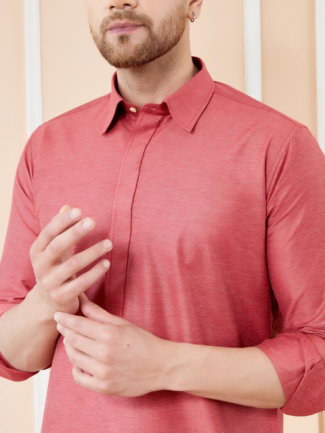 Men Red Cotton Solid Pathani Kurta