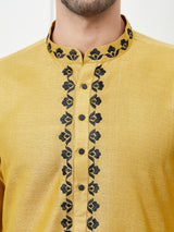 Riwaat.com Men Mustard & Black Embroidery Cotton Kurta Riwaat Embroidered Haldi