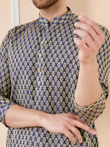Navy Blue Ethnic Motifs Silk Jacquard Woven Design Straight Kurta with Pyjama