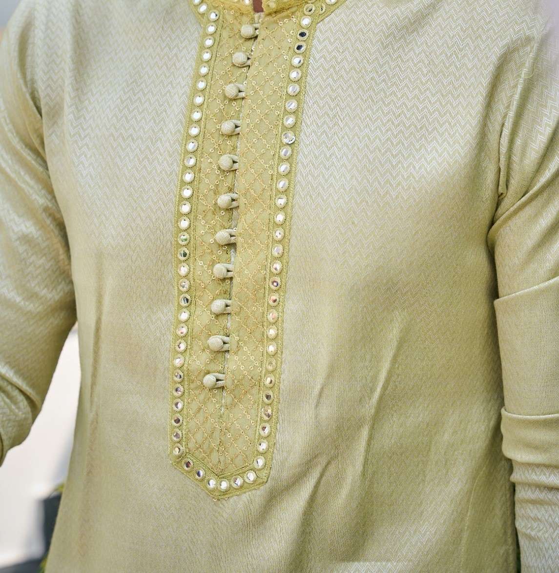 Men Olive Thread Work Yoke Design Kurta