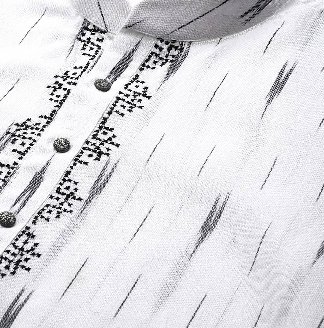 Men White & Black Pure Cotton Embroidered Straight Kurta With Pajama