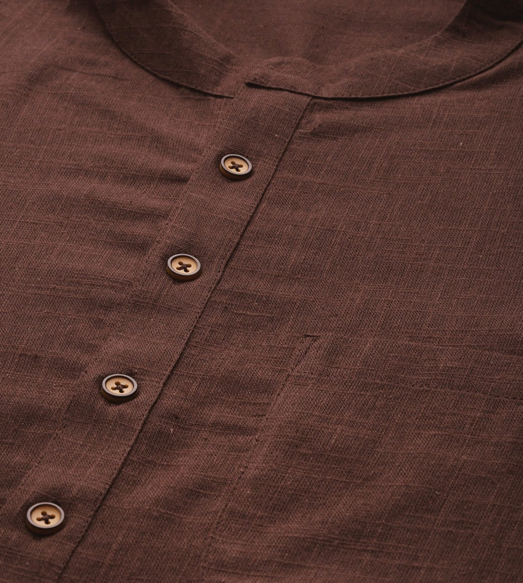 Men Brown Cotton Straight Kurta with Slub Effect With Pajama