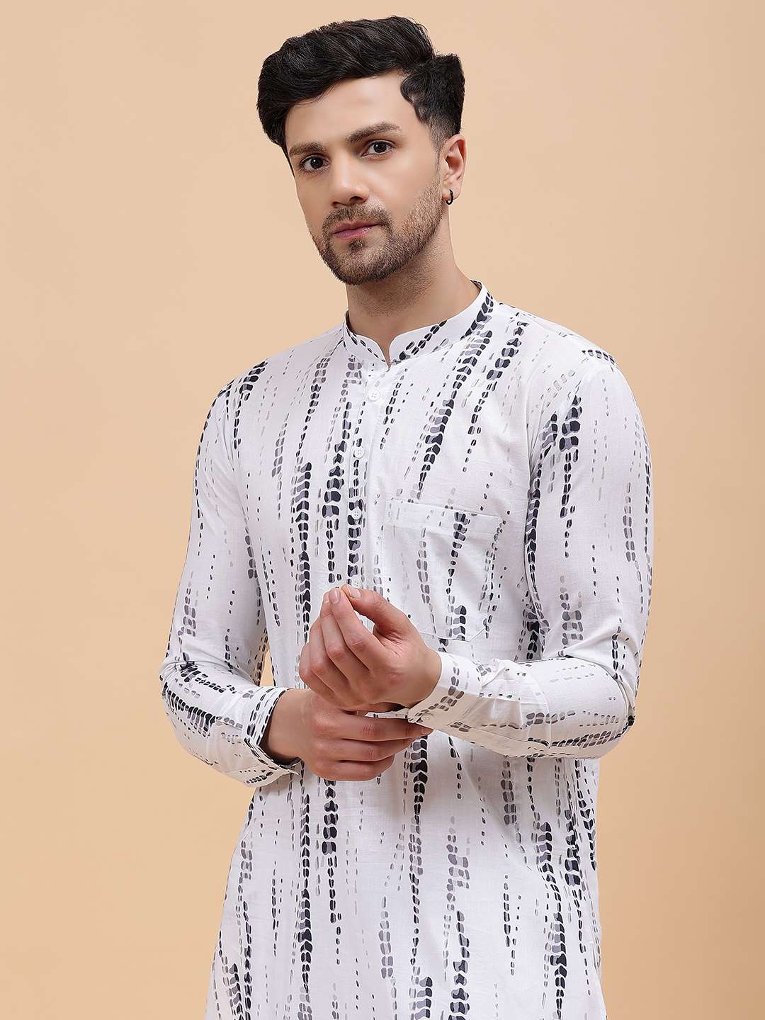 Men White & Grey Monochrome Pure Cotton Printed Straight Kurta