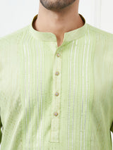 Riwaat.com Men Lime Green & Gold Thread Work Cotton Kurta Riwaat Mehendi Thread Work