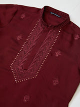 Dark Maroon Embroidered Chanderi Silk Straight Kurta with Pyjama