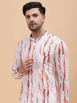 Men White & Orange Pure Cotton Printed Straight Kurta