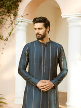 Men Sapphire Stripe Chanderi Silk Sequins Kurta