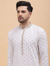 Men Off White & Multi Color Pure Cotton Embroidered Straight Kurta