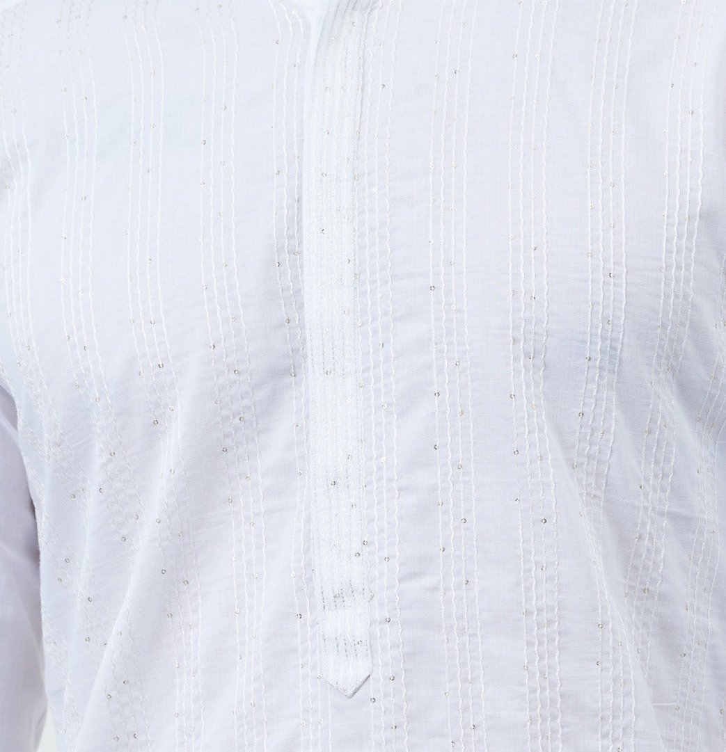 Men White Cotton Kurta with Sequence Thread Work