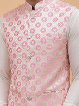 Men Off White Kurta Pajama & Gold with Pink Woven Design Jacquard Nehru jacket