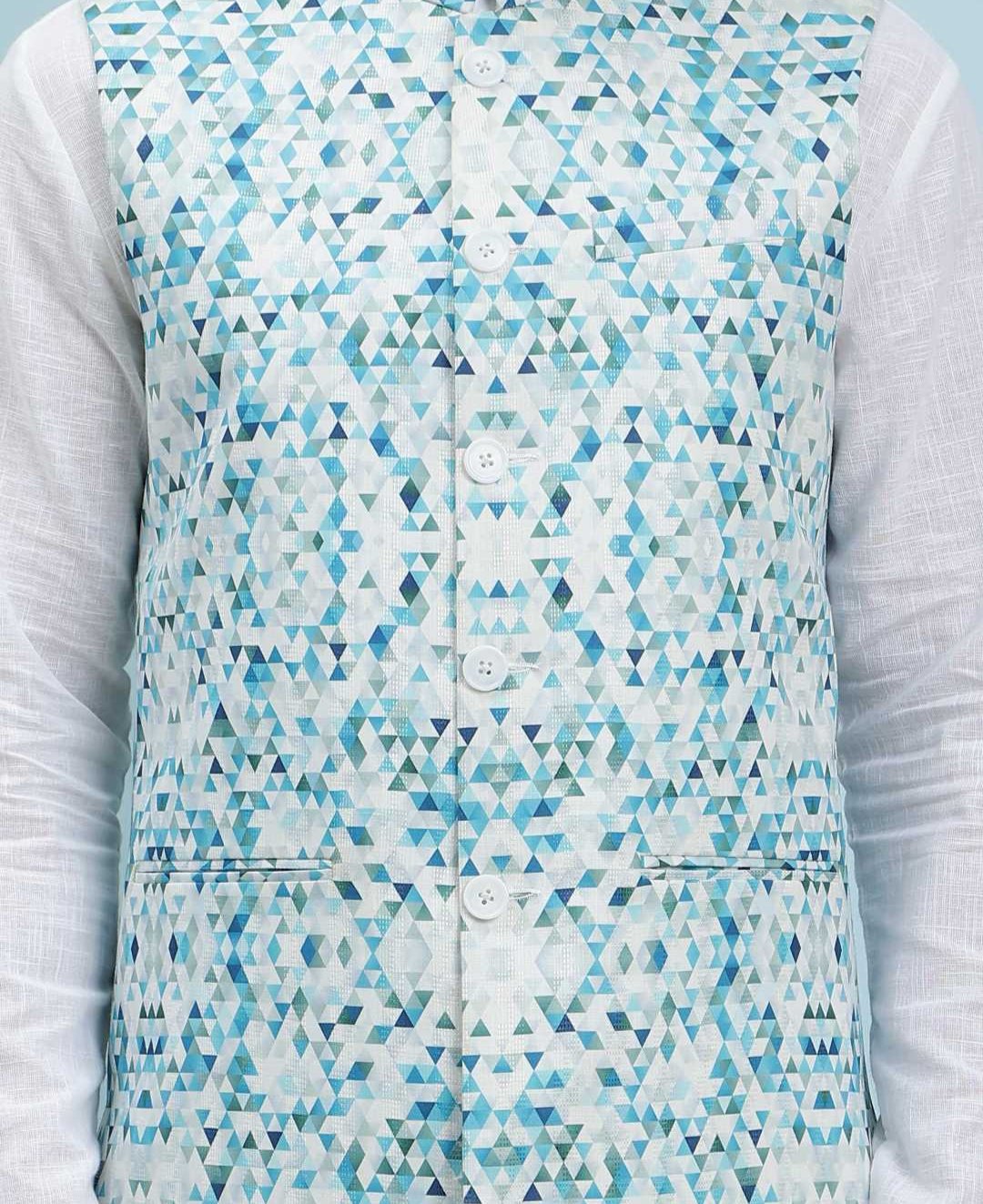 Men Aqua Prism Digital Print Cotton Nehru Jacket