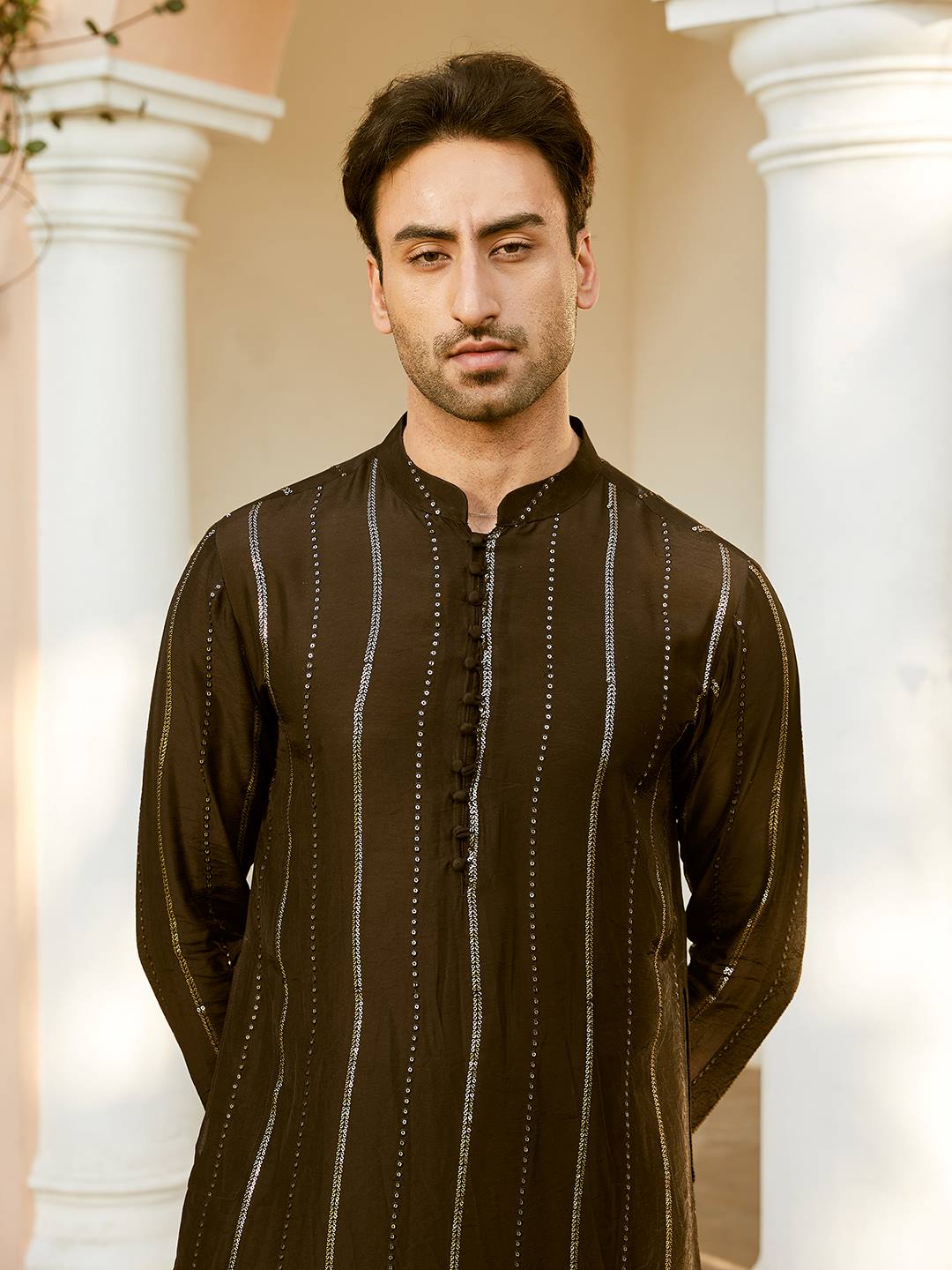 Men Black And Gold Chanderi Silk Sequins Kurta With Pajama