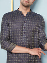 Men Blue & Gold Woven Design Thread Work Kurta With pyjama