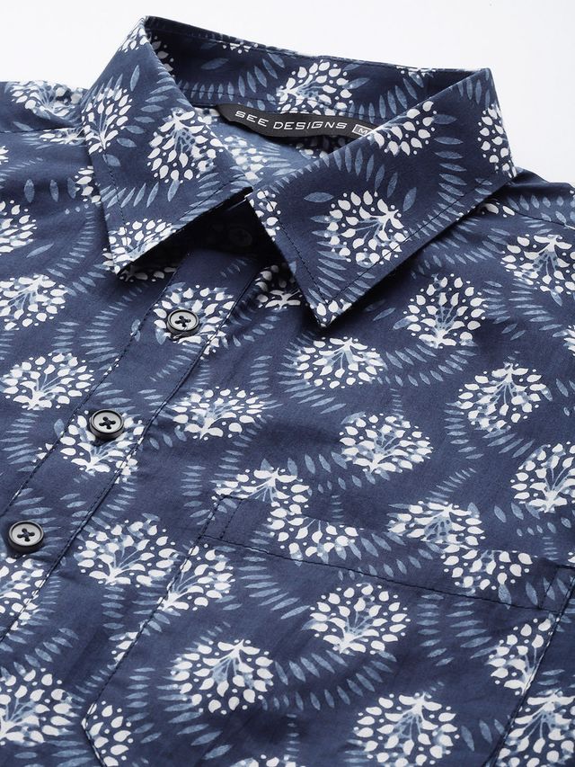 Men Indigo Regular Pure Cotton Pathani Printed Men's Kurta