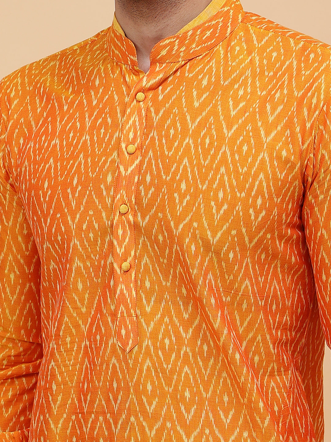 Men Orange and White Printed Kurta With pyjama