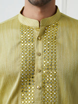 Riwaat.com Men Olive Sequence Mirror Work Cotton Kurta Riwaat Embroidered Mehendi