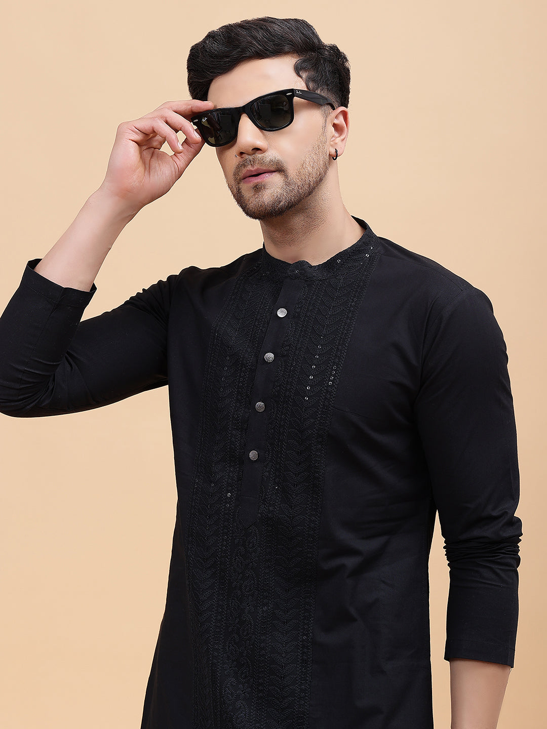 Men Black Pure Cotton Embroidered Straight Kurta