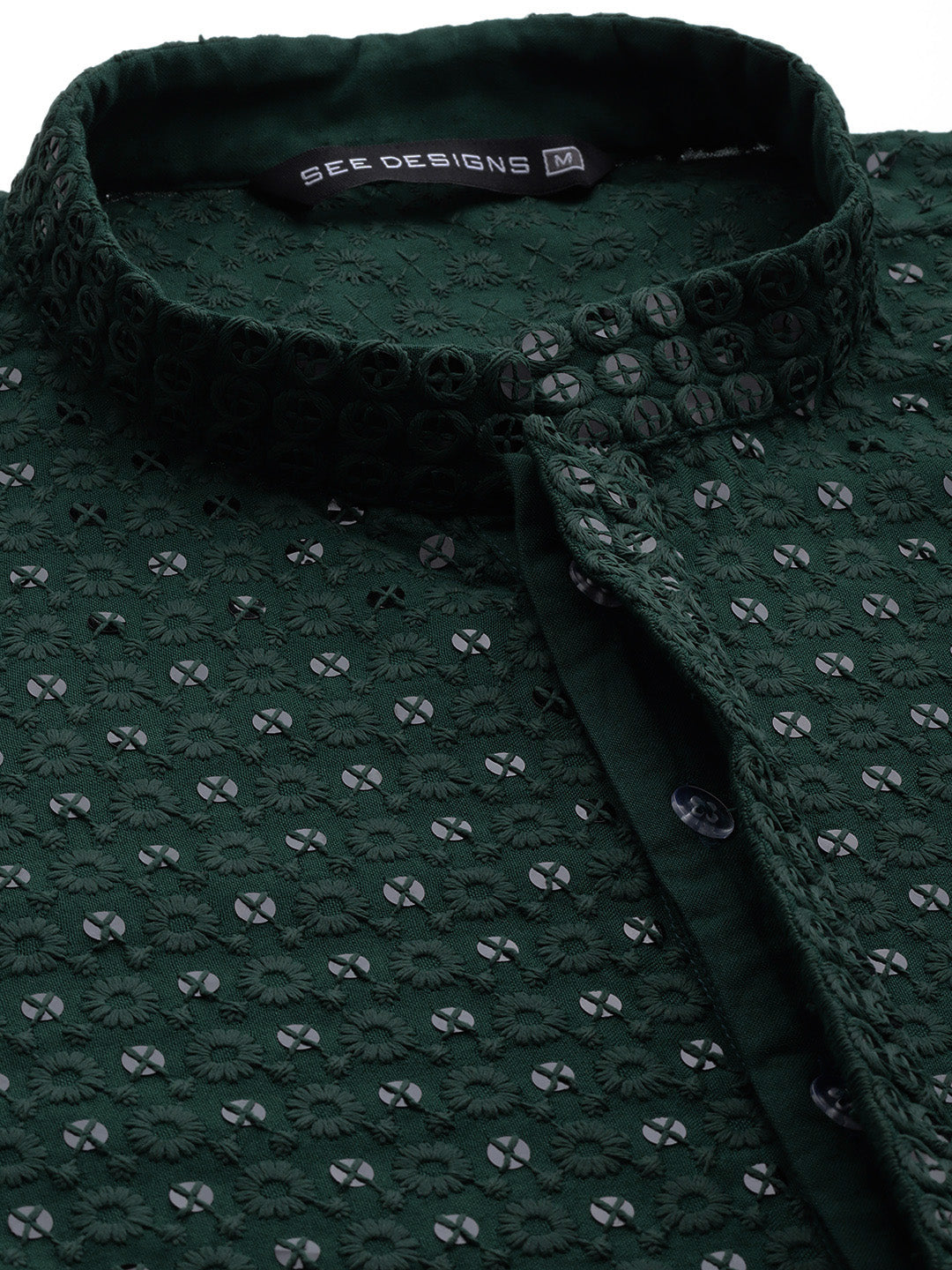 Men Green Floral Embroidered Sequin Rayon Kurta