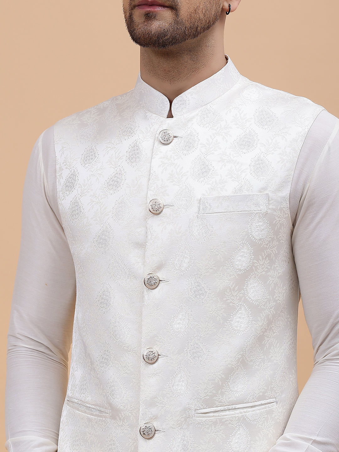 Riwaat.com Men Off White Kurta Pajama & Gold Woven Design Jacquard Nehru jacket Riwaat Indo Western