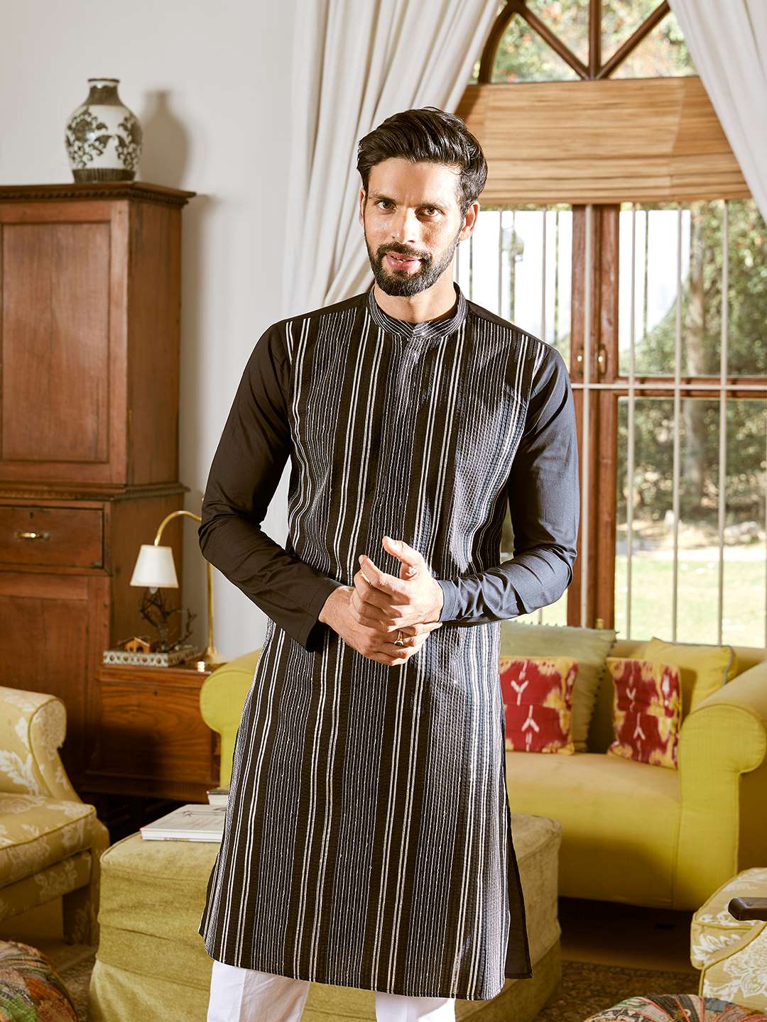 Men Black Cotton Pintex Design Sequins Kurta