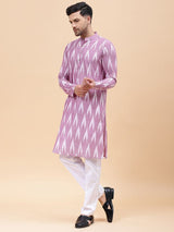 Men Lavender & White Pure Cotton Printed Straight Kurta With pyjama