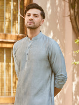 Men Teal Cotton Silk Pintex Design Thread Work Kurta