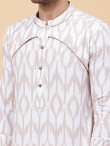 Men White and Coffee Ikat Printed Kurta With pyjama