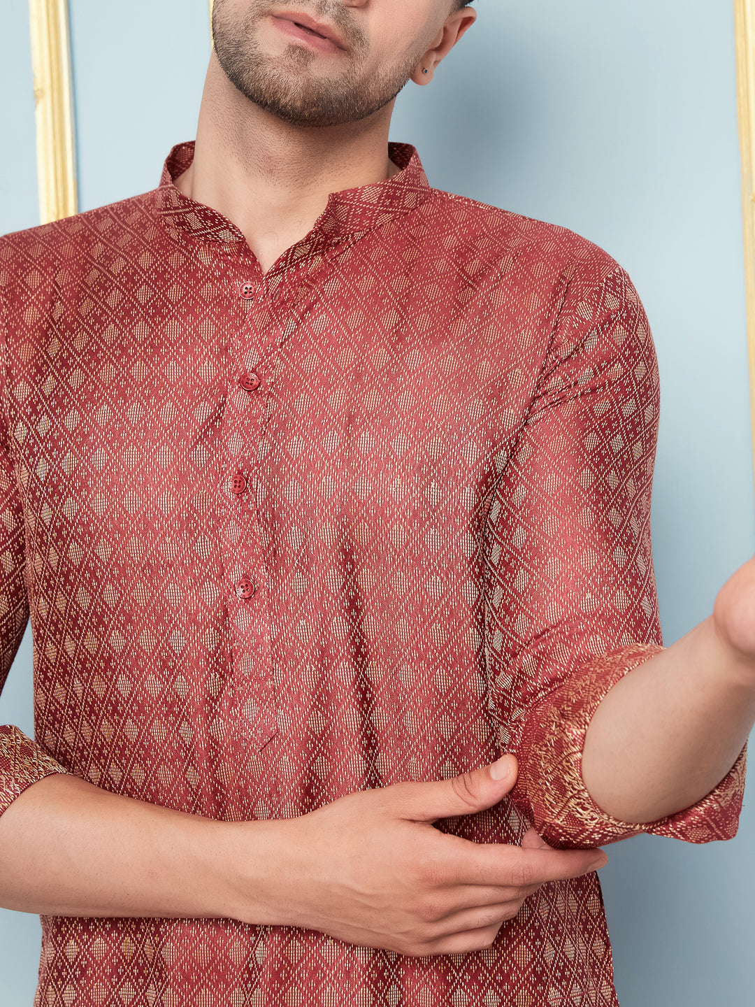 Men Maroon & Gold Woven Design Thread Work Kurta With pyjama
