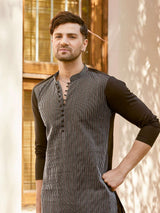 Men Black Cotton Pintex Design Multi Thread Work Kurta