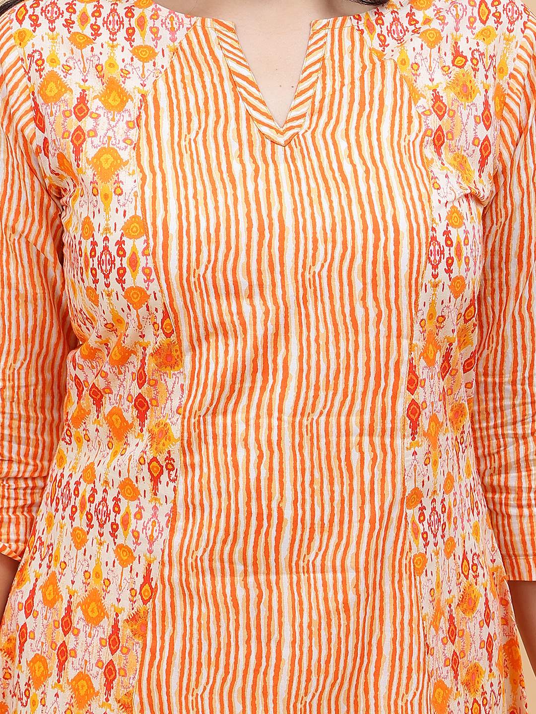 Women Coral And White Color Printed Yoke Design Cotton Kurti