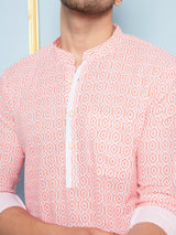 Men Peach & White Printed Cotton Short Kurta