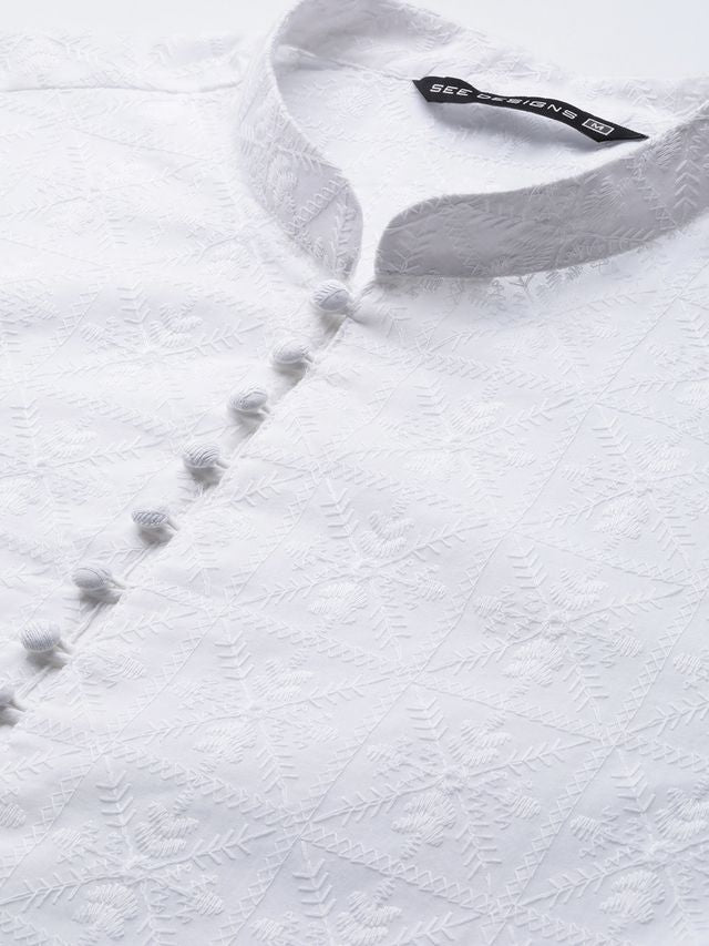 Men White Pure Cotton Chikankari Embroidered Straight Kurta With Pyjama