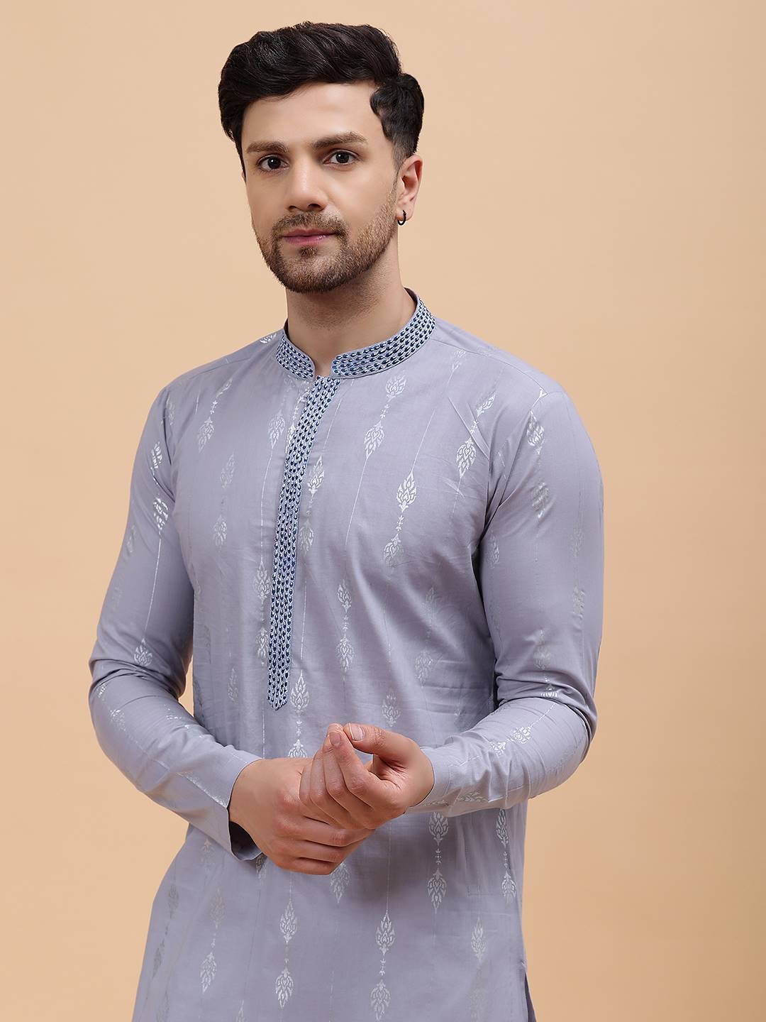 Men Grey & Blue Pure Cotton Embroidered Straight Kurta