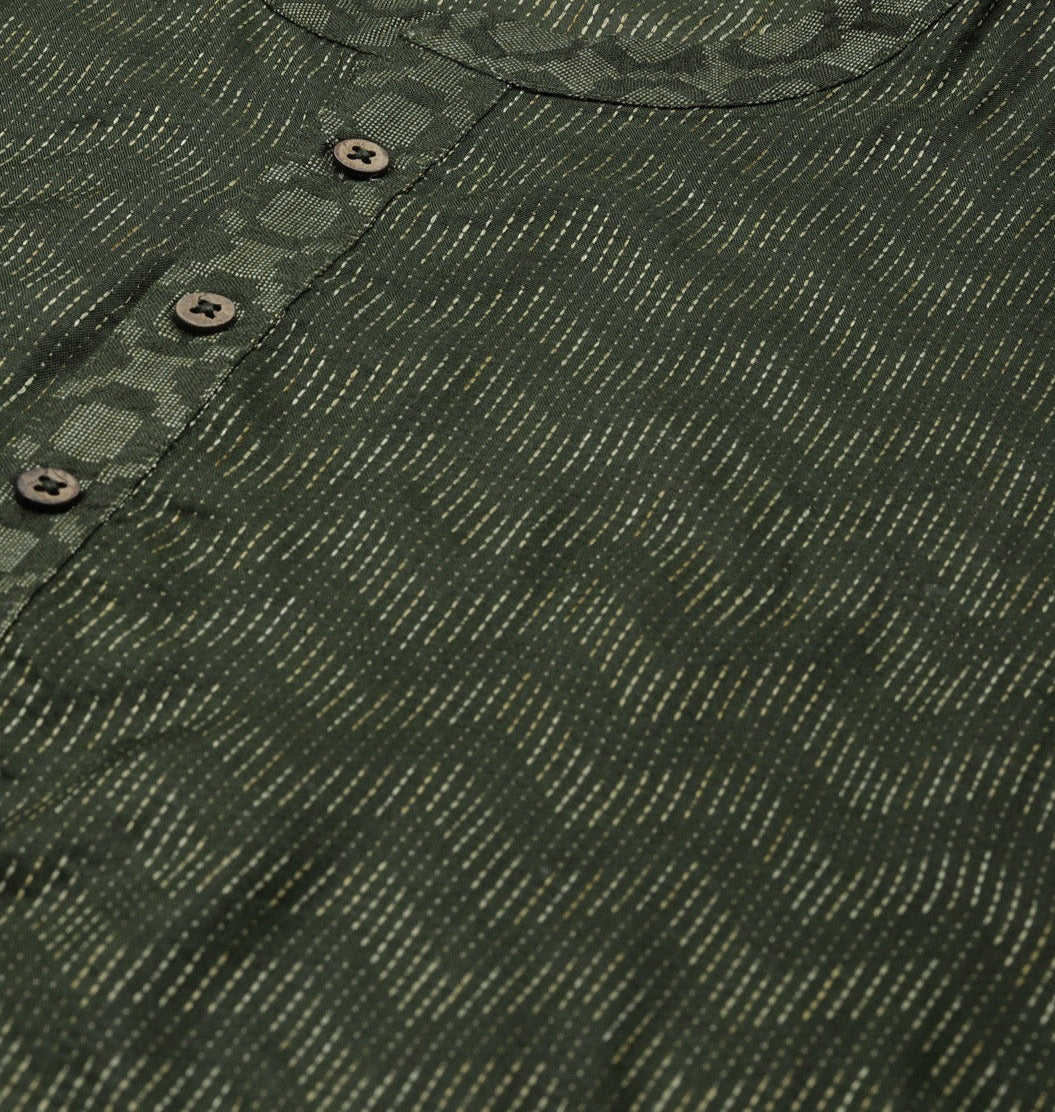 Men Green & Beige Wave Woven Design Thread Work Kurta