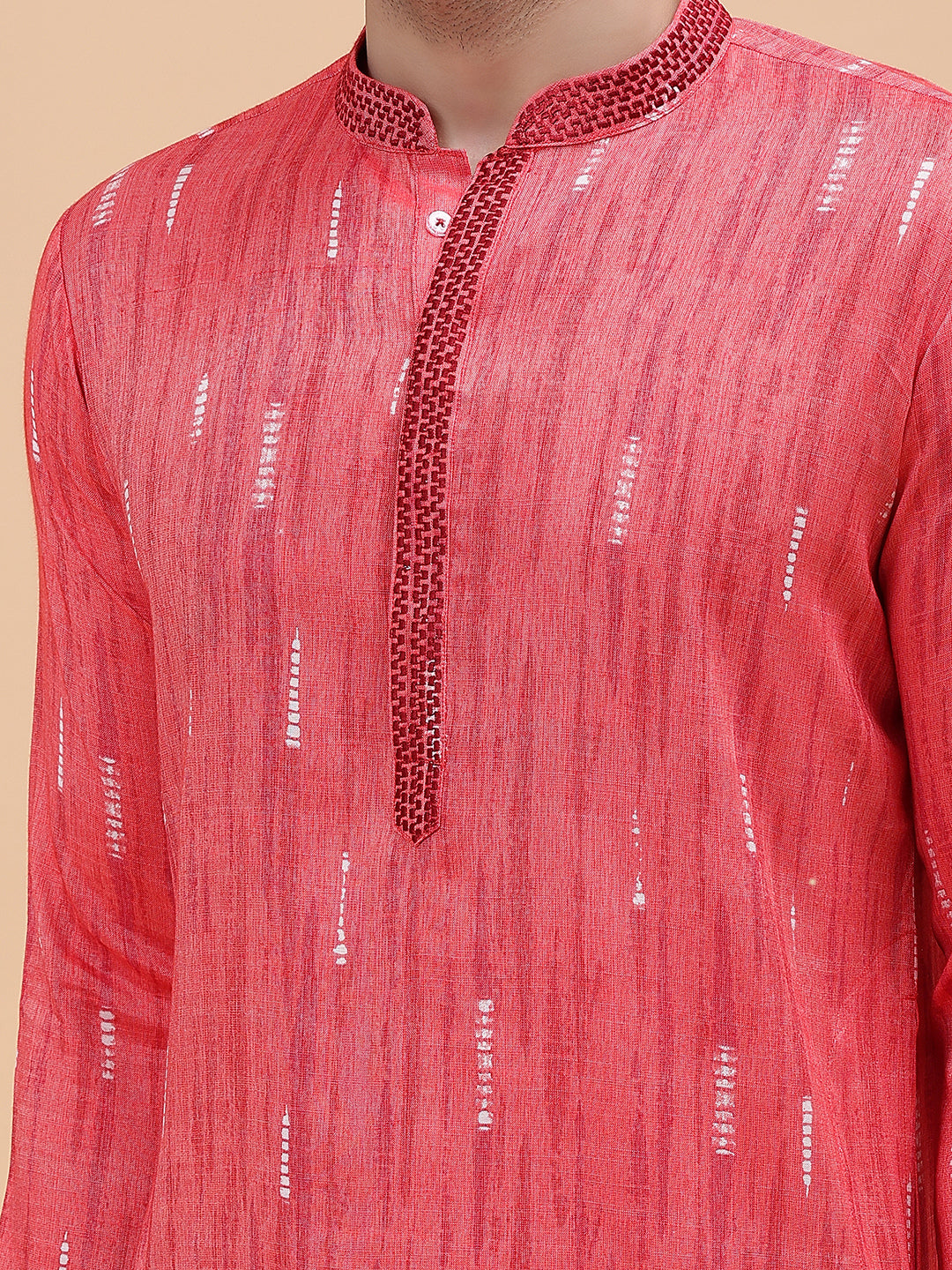 Riwaat.com Men Pink & White Silk Woven Design Straight Kurta Riwaat Silk Woven Design