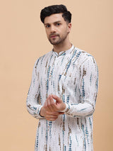 Men White & Blue Pure Cotton Printed Straight Kurta With Pajama