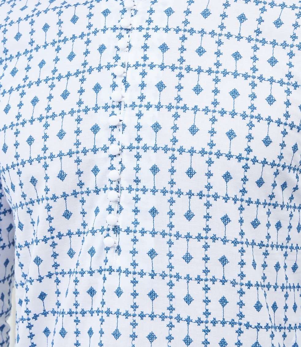 Men White with Blue Geometric Pattern Chikankari Embroidered Cotton Kurta Set