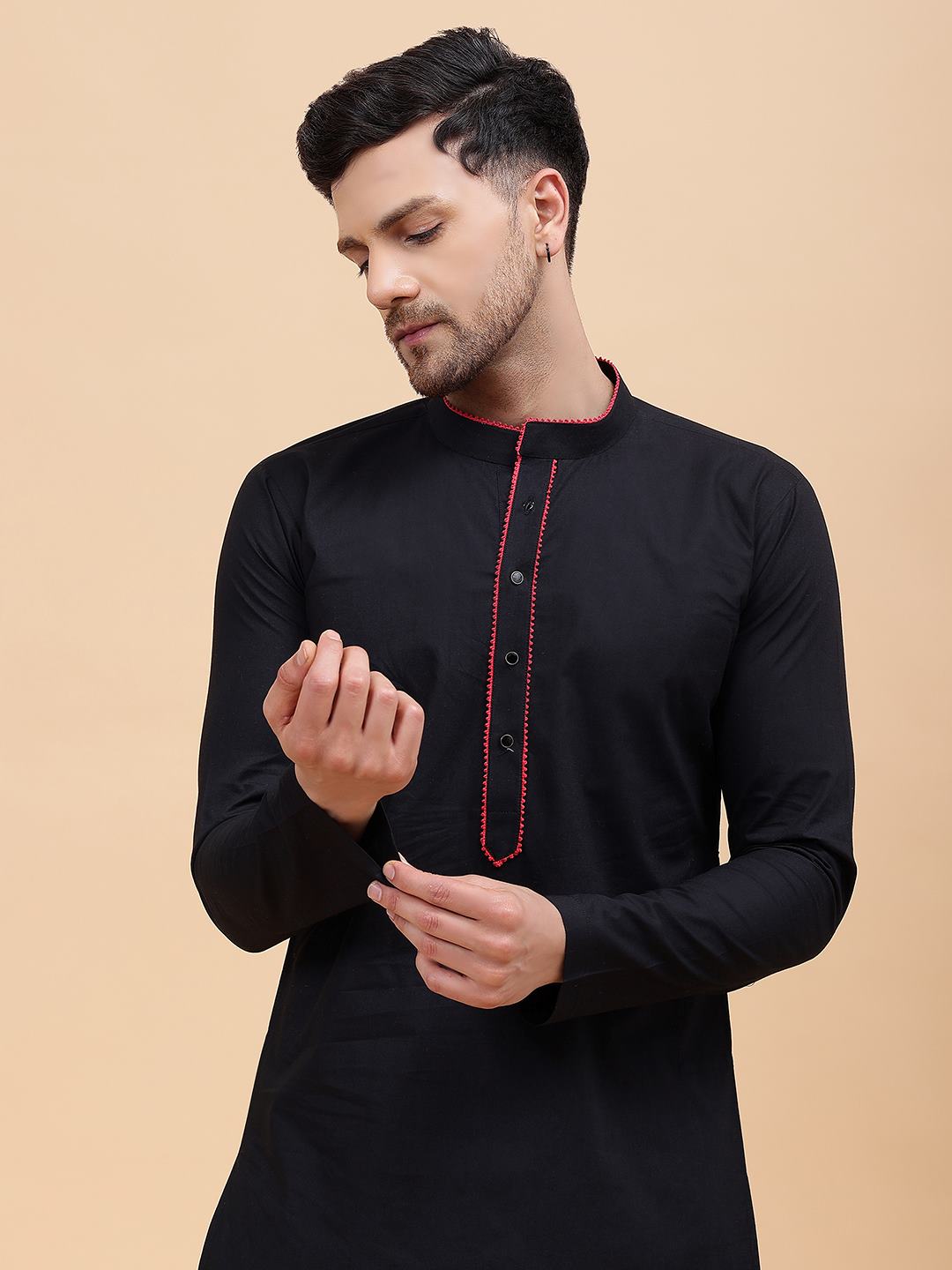 Men Black & Red Pure Cotton Embroidered Straight Kurta