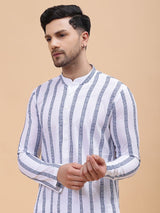 Men White & Grey Pure Cotton Embroidered Straight Kurta With pyjama