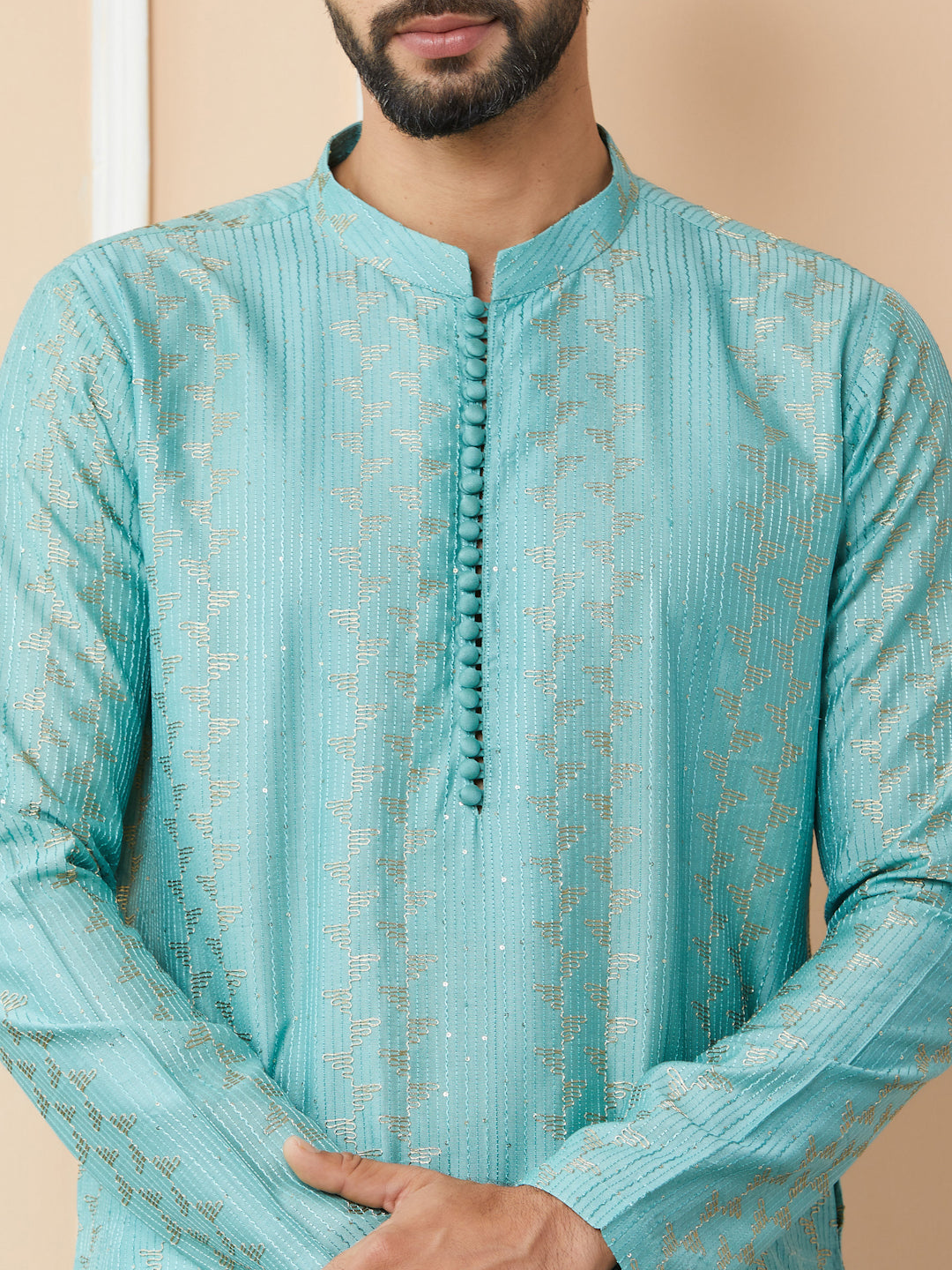 Ice Green Embroidered Thread Work Sequinsed Chanderi Silk Straight Kurta with Pyjama
