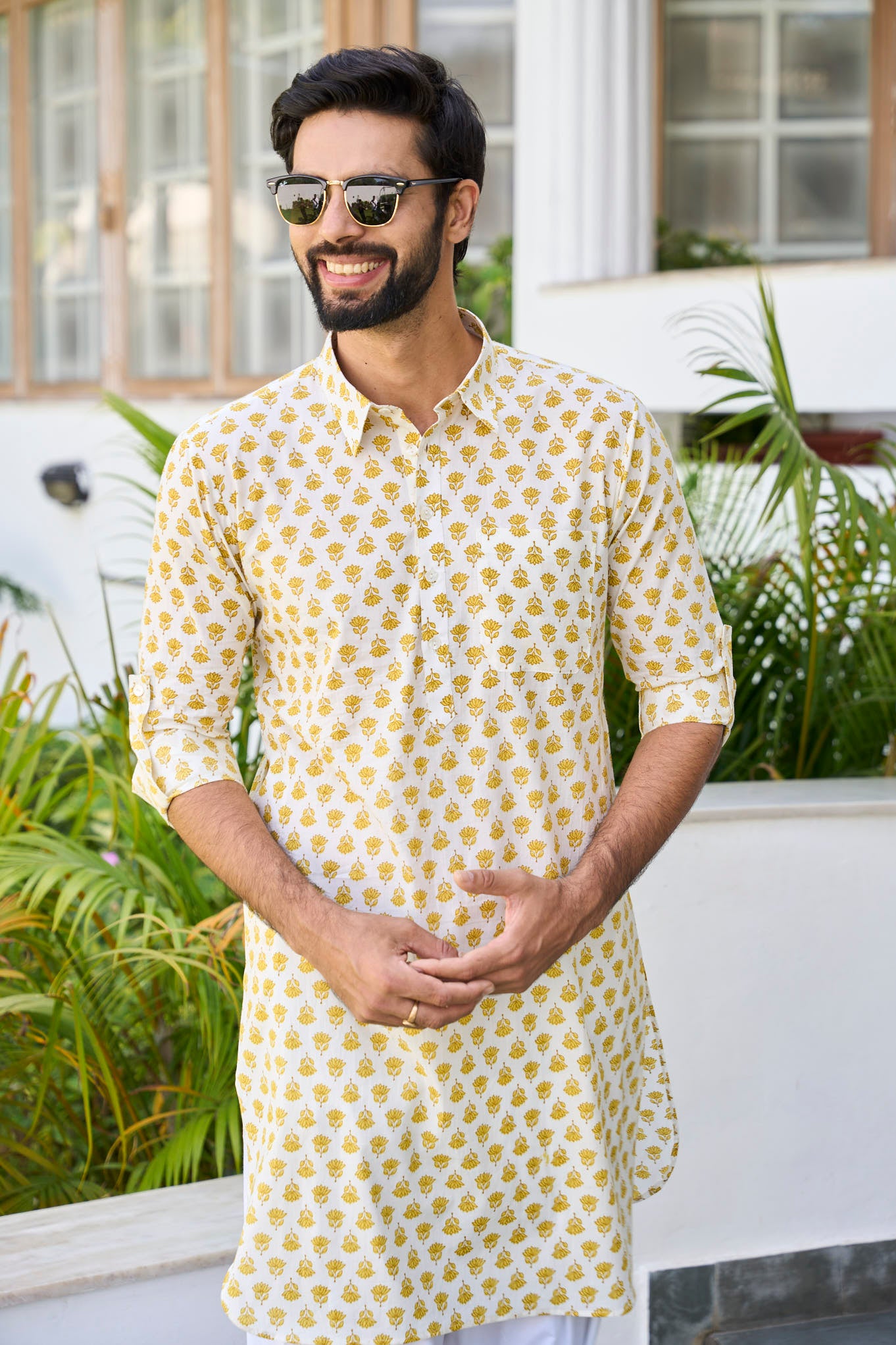 Riwaat.com Men Yellow Regular Pure Cotton Pathani Kurta Riwaat Floral Haldi Pathani