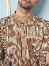 Men Coffee Brown And White Strip Printed Kurta