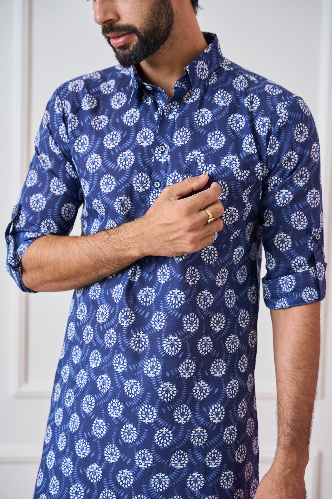 Riwaat.com Men Indigo Regular Pure Cotton Pathani Kurta Riwaat Floral Pathani