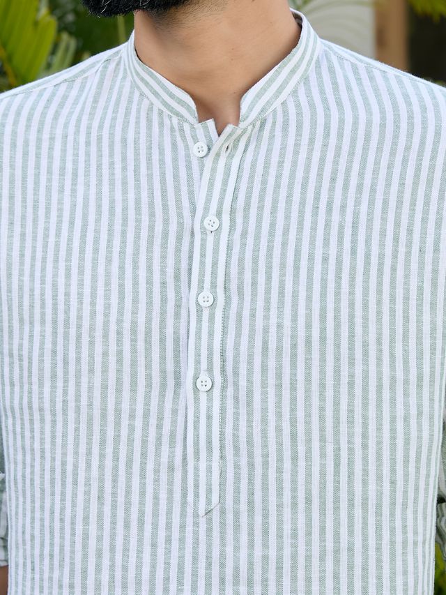 Green Woven Striped Cotton Short Kurta