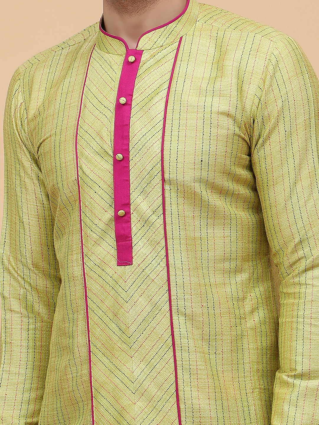 Men Lime Green Silk Woven Design Straight Kurta With pyjama