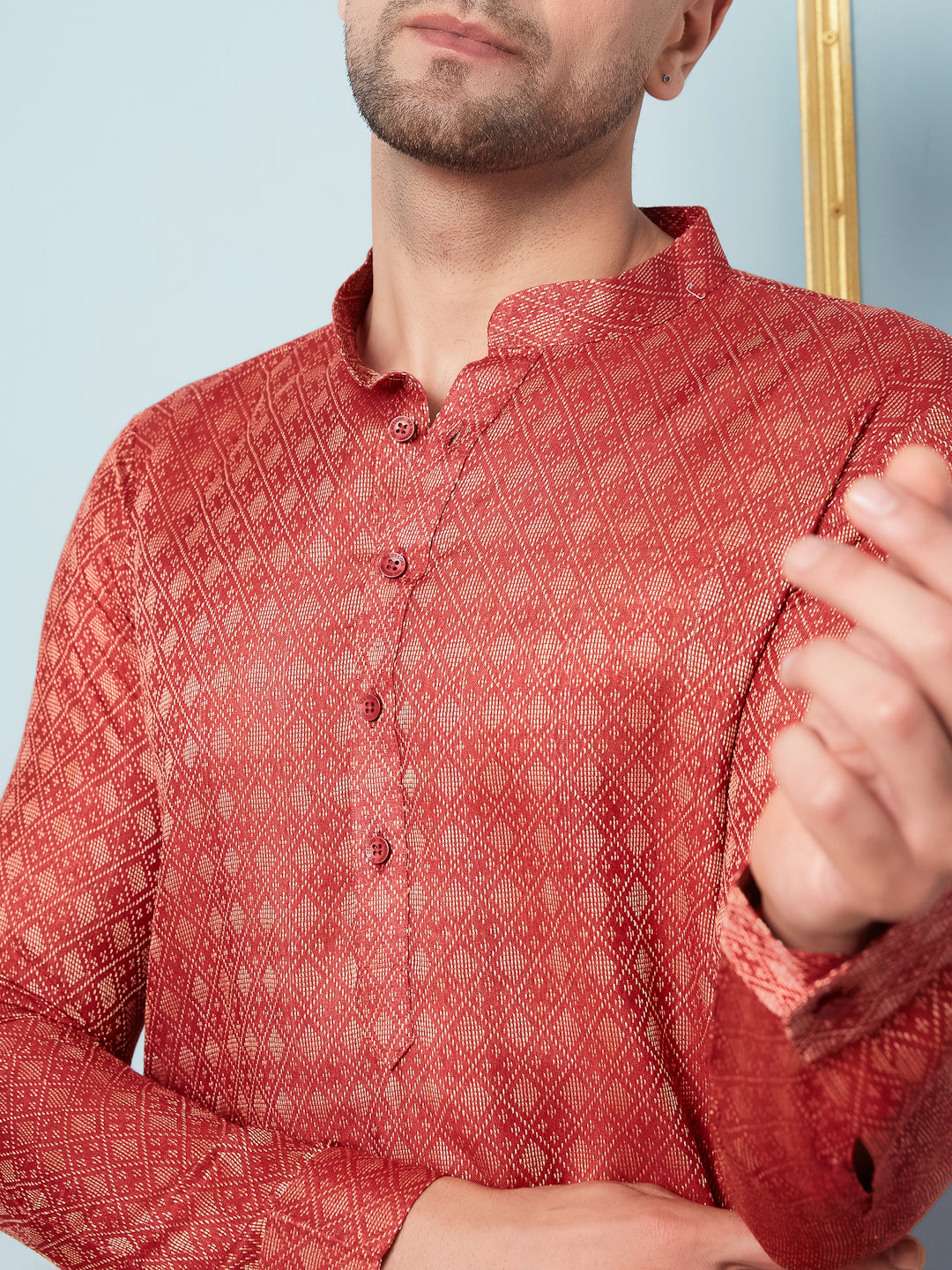 Men Red & Gold Woven Design Thread Work Kurta With pyjama