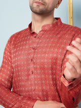 Men Red & Gold Woven Design Thread Work Kurta With pyjama