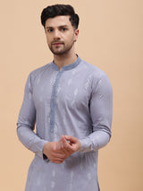 Men Grey & Blue Pure Cotton Embroidered Straight Kurta With pyjama